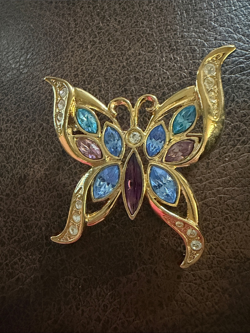 Avon Gold Tone Multicolor Butterfly Brooch with Blue and Purple Stones